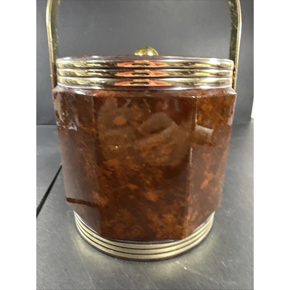 Vintage Mid Century Modern Bar Tortoise Shell Vinyl Ice Bucket Made In USA